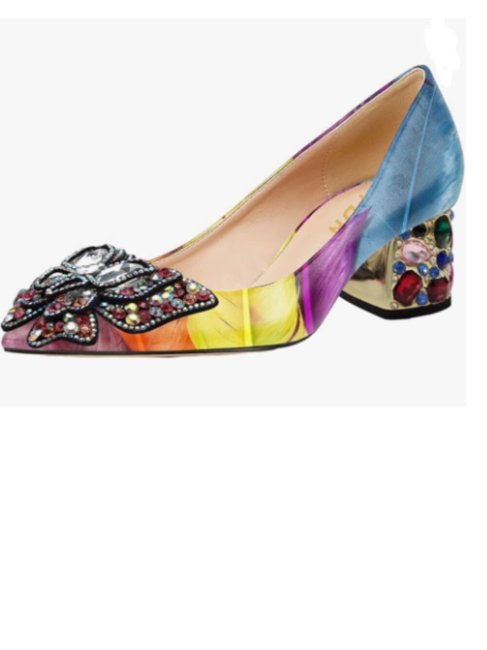 YDN Yellow Feather Pointed Toe Bow Pump Rhinestone Block Low Heel Butterfly Shoe